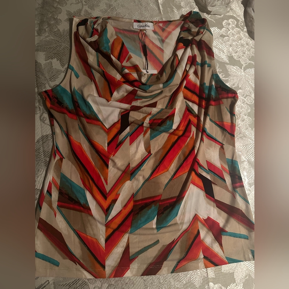 Vintage Calvin Klein Orange-Turquoise multicolored Blouse NWT